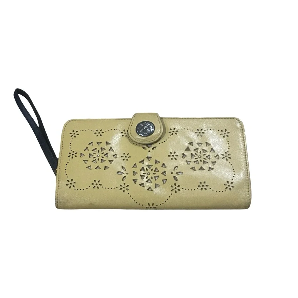 Brighton Yellow Leather Laser Cut‎ Floral Wristlet Wallet Organizer Snap Closure